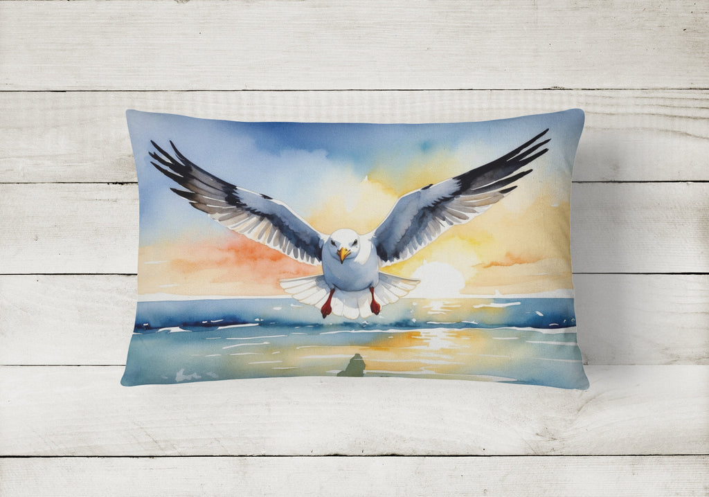 Seagull Flying Toward Viewer Sunset Watercolor Decorative Throw Pillow 12x16 Indoor Outdoor Accent Cushion, Fabric Cover with Insert for Sofa, Bed, Porch & Living Room