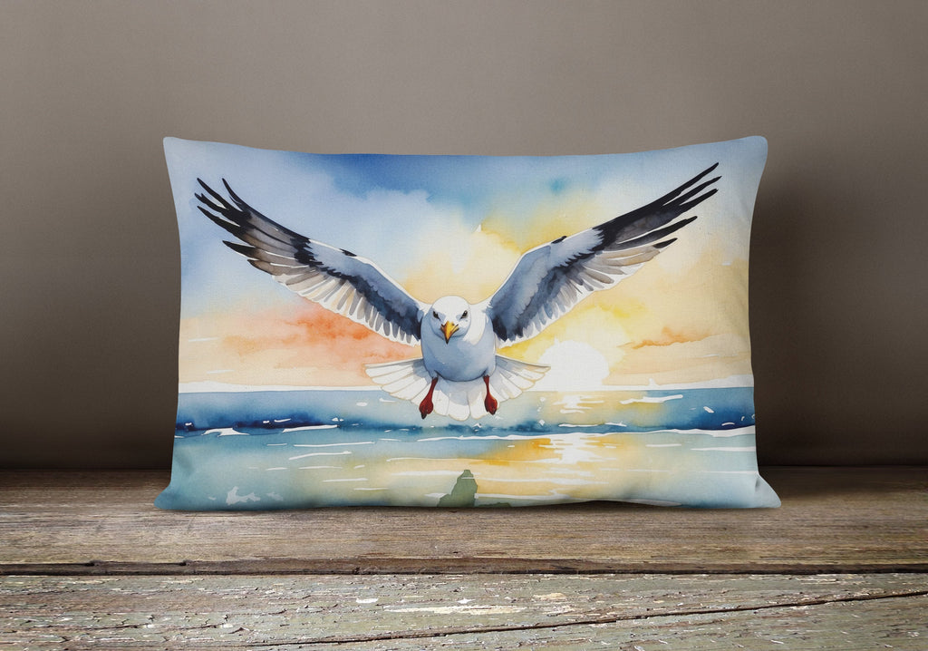 Seagull Flying Toward Viewer Sunset Watercolor Decorative Throw Pillow 12x16 Indoor Outdoor Accent Cushion, Fabric Cover with Insert for Sofa, Bed, Porch & Living Room