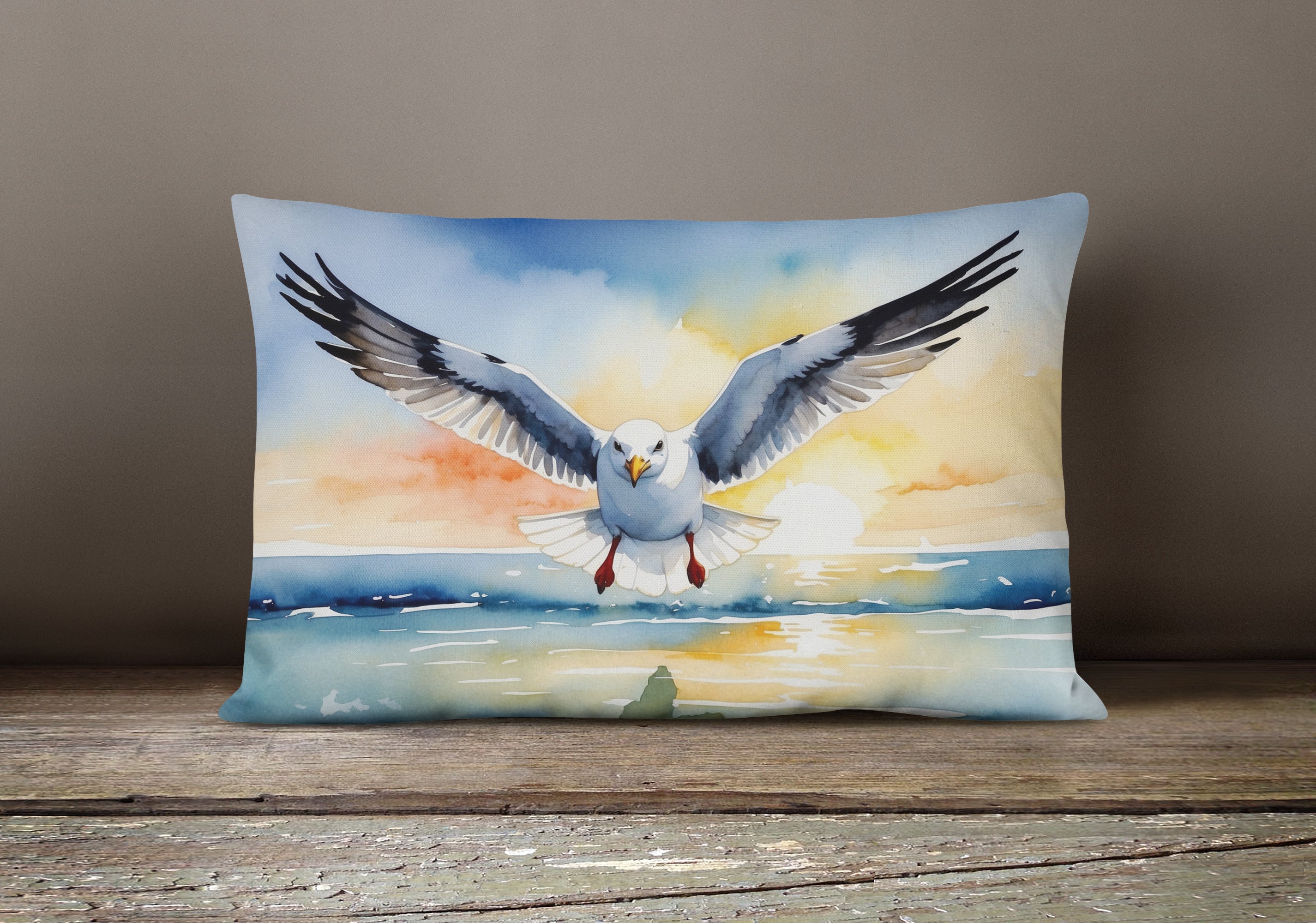Seagull Flying Toward Viewer Sunset Watercolor Decorative Throw Pillow 12x16 Indoor Outdoor Accent Cushion, Fabric Cover with Insert for Sofa, Bed, Porch & Living Room