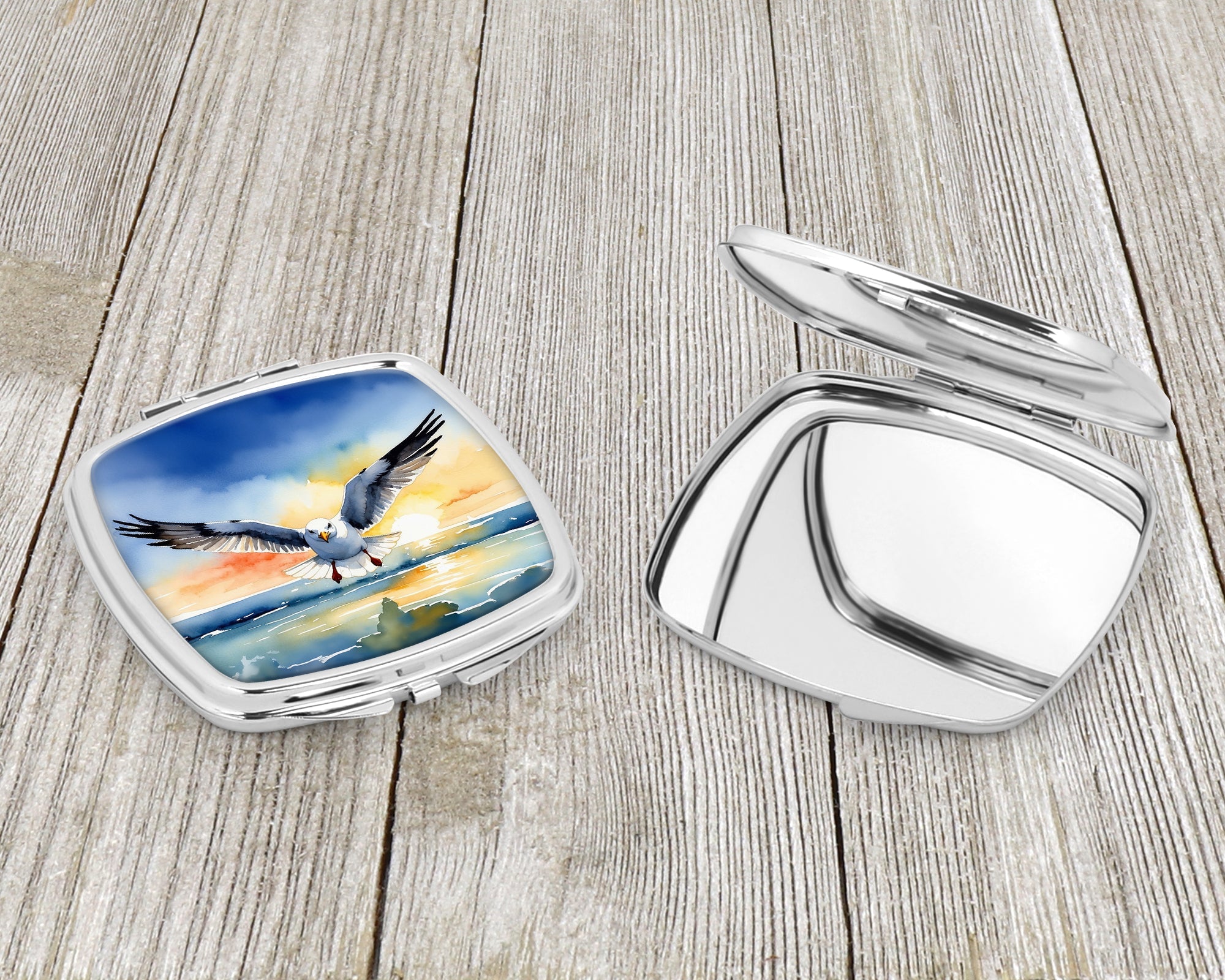 Seagull Flying Toward Viewer Sunset Watercolor Compact Mirror Decorative Travel Makeup Mirror for Women Girls Gifts Pocket Makeup Mirror Folding Handheld