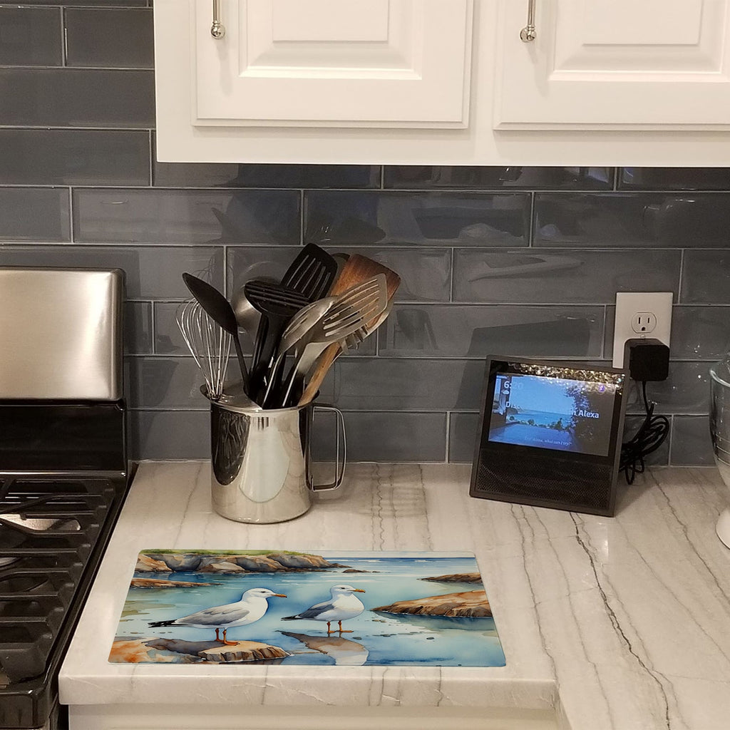 Seagulls on Rocky Shore Coastal Watercolor Cutting Board Tempered Glass Kitchen Cutting Surface, Heat Resistant Chopping, Non-Slip Feet, Food Prep & Serving