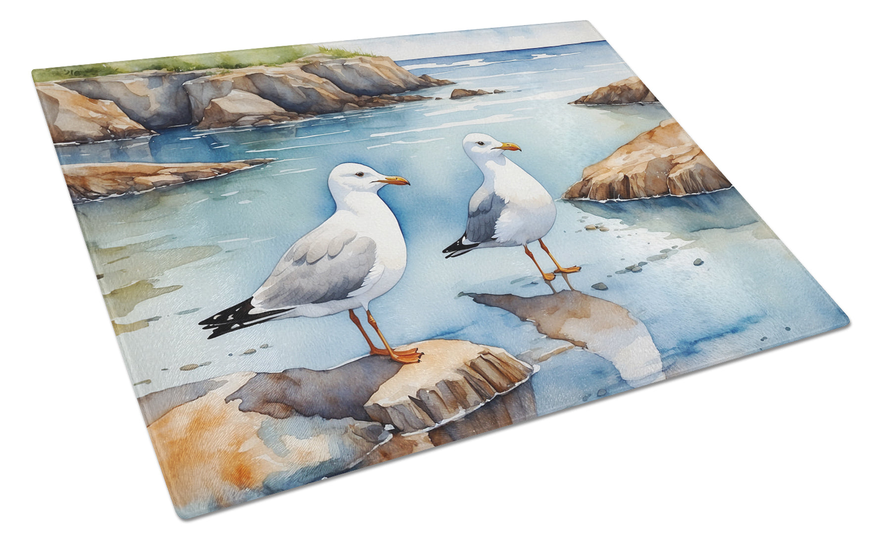 Seagulls on Rocky Shore Coastal Watercolor Cutting Board Tempered Glass Kitchen Cutting Surface, Heat Resistant Chopping, Non-Slip Feet, Food Prep & Serving