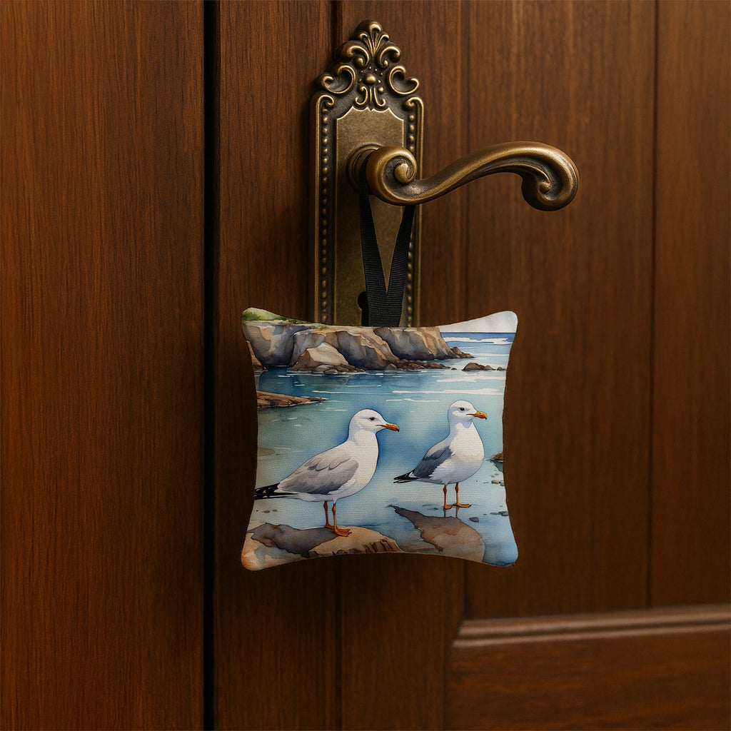 Seagulls on Rocky Shore Coastal Watercolor Hanging Square Fabric Ornament 3.5 × 3.5 Decorative Door-Knob & Tree Hanger, Soft Fabric