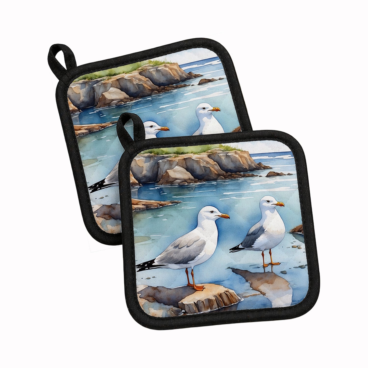 Seagulls on Rocky Shore Coastal Watercolor Pot Holder Set of 2 Heat Resistant Quilted Hot Pads 7.5 x 7.5 Inch, Insulated Kitchen Trivets for Cooking & Baking