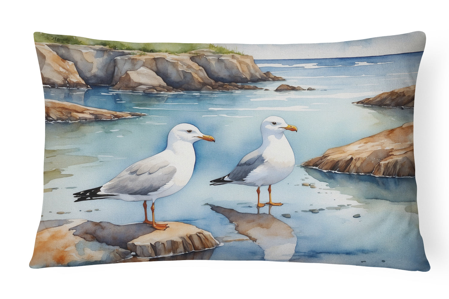 Seagulls on Rocky Shore Coastal Watercolor Decorative Throw Pillow 12x16 Indoor Outdoor Accent Cushion, Fabric Cover with Insert for Sofa, Bed, Porch & Living Room