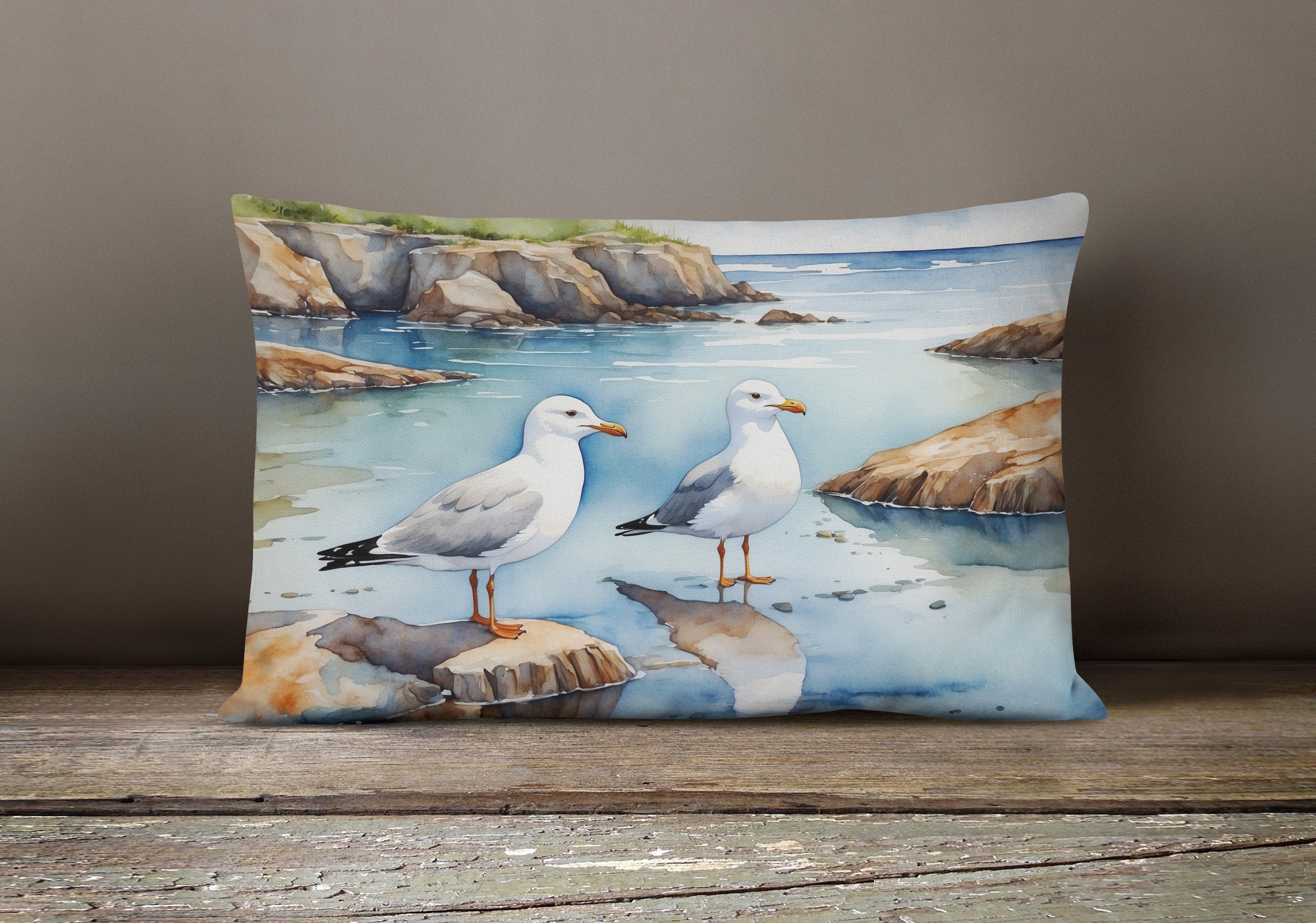 Seagulls on Rocky Shore Coastal Watercolor Decorative Throw Pillow 12x16 Indoor Outdoor Accent Cushion, Fabric Cover with Insert for Sofa, Bed, Porch & Living Room