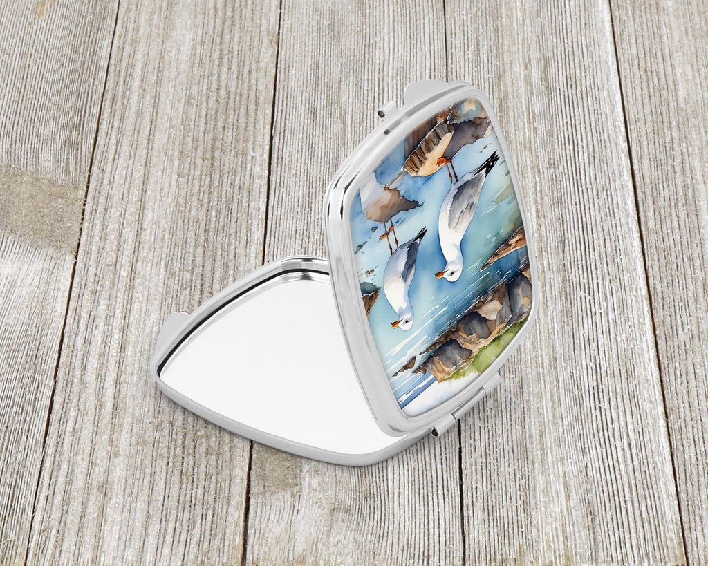 Seagulls on Rocky Shore Coastal Watercolor Compact Mirror Decorative Travel Makeup Mirror for Women Girls Gifts Pocket Makeup Mirror Folding Handheld