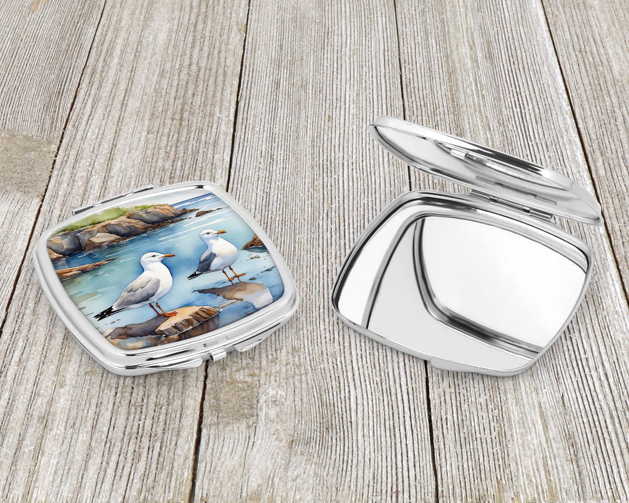 Seagulls on Rocky Shore Coastal Watercolor Compact Mirror Decorative Travel Makeup Mirror for Women Girls Gifts Pocket Makeup Mirror Folding Handheld