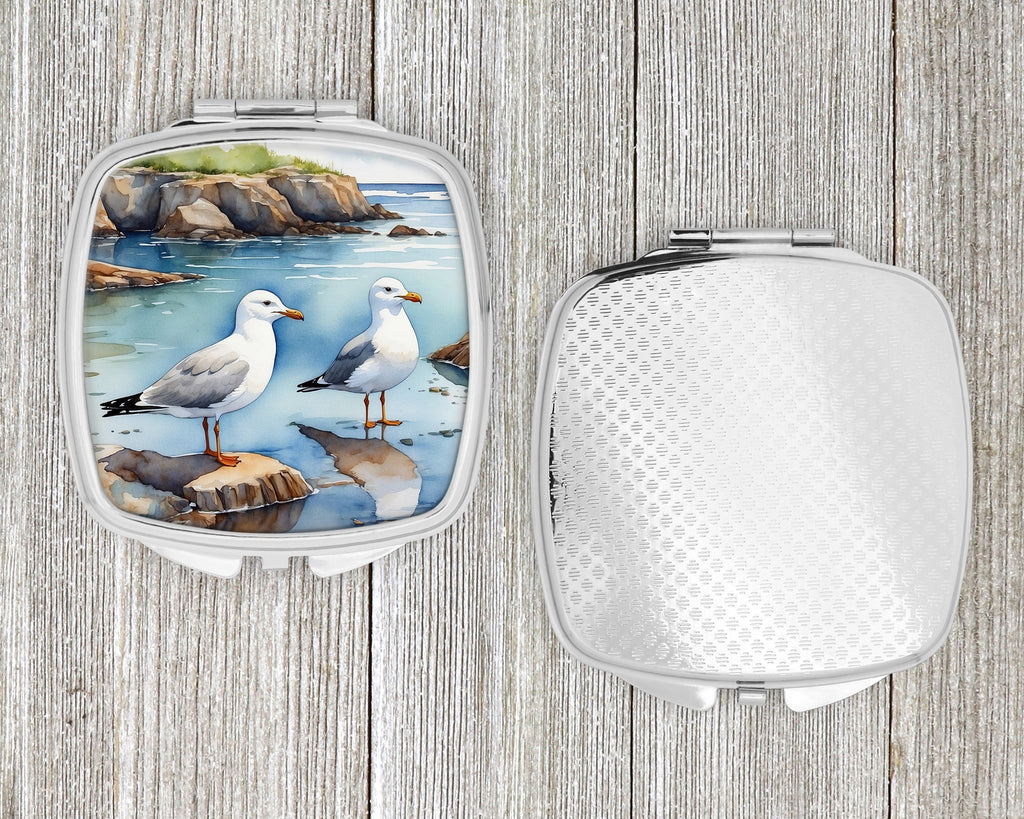 Seagulls on Rocky Shore Coastal Watercolor Compact Mirror Decorative Travel Makeup Mirror for Women Girls Gifts Pocket Makeup Mirror Folding Handheld