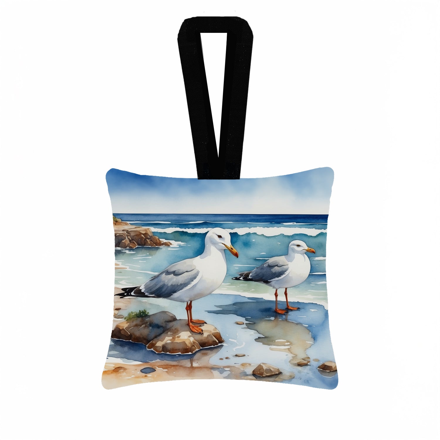 Seagulls on Beach Shore Watercolor Hanging Square Fabric Ornament 3.5 × 3.5 Decorative Door-Knob & Tree Hanger, Soft Fabric