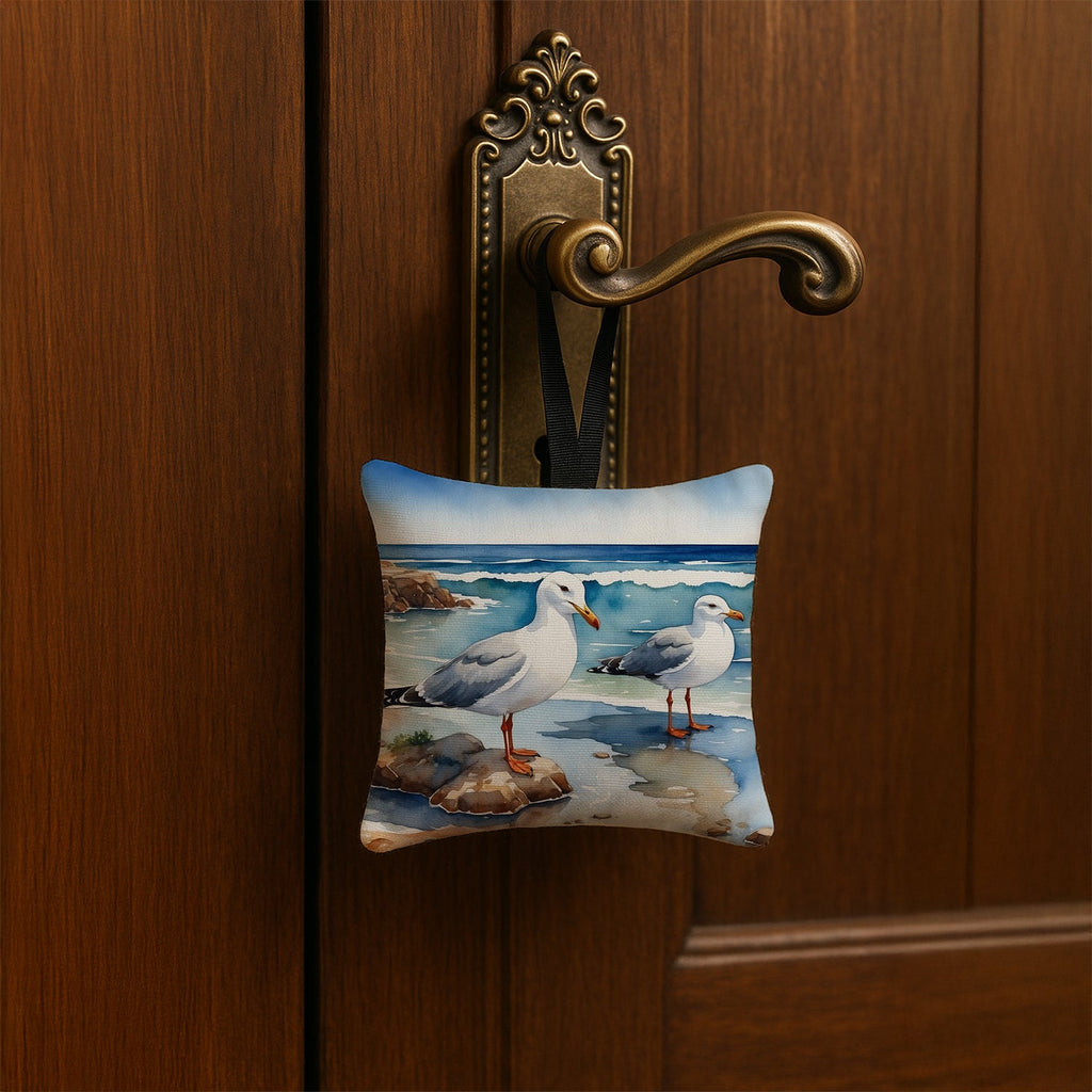 Seagulls on Beach Shore Watercolor Hanging Square Fabric Ornament 3.5 × 3.5 Decorative Door-Knob & Tree Hanger, Soft Fabric