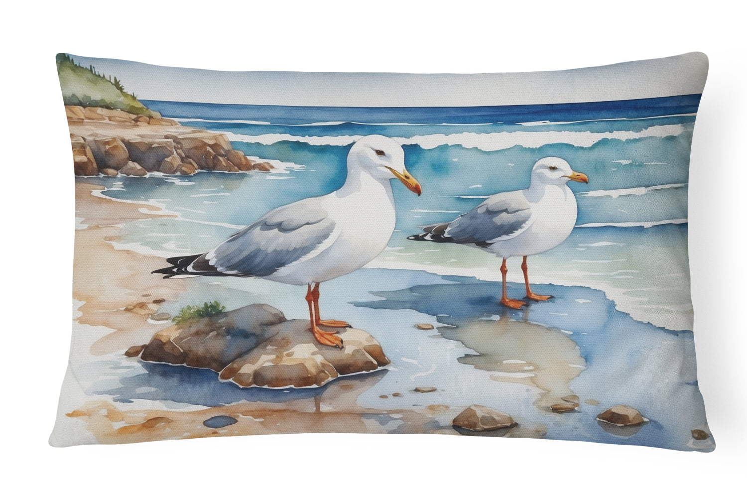 Seagulls on Beach Shore Watercolor Decorative Throw Pillow 12x16 Indoor Outdoor Accent Cushion, Fabric Cover with Insert for Sofa, Bed, Porch & Living Room