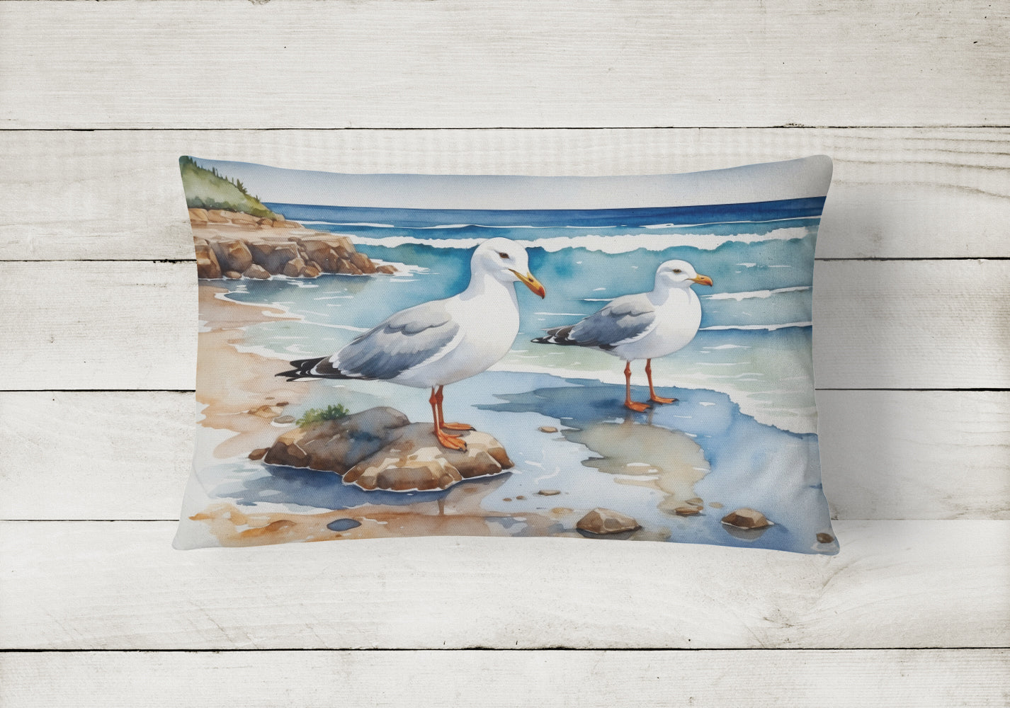Seagulls on Beach Shore Watercolor Decorative Throw Pillow 12x16 Indoor Outdoor Accent Cushion, Fabric Cover with Insert for Sofa, Bed, Porch & Living Room