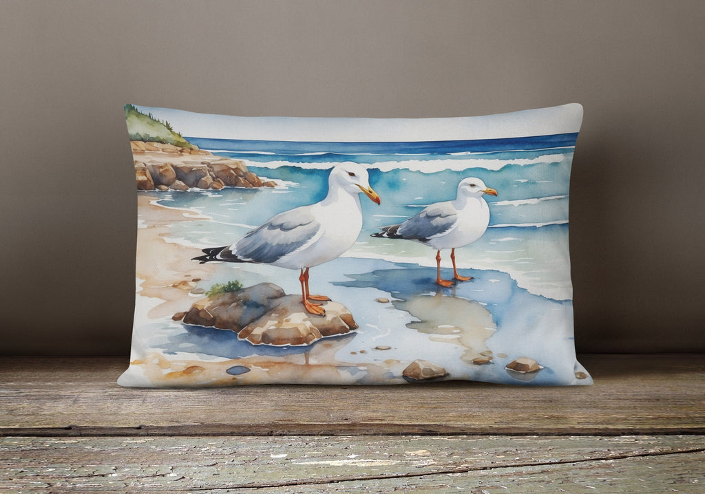 Seagulls on Beach Shore Watercolor Decorative Throw Pillow 12x16 Indoor Outdoor Accent Cushion, Fabric Cover with Insert for Sofa, Bed, Porch & Living Room