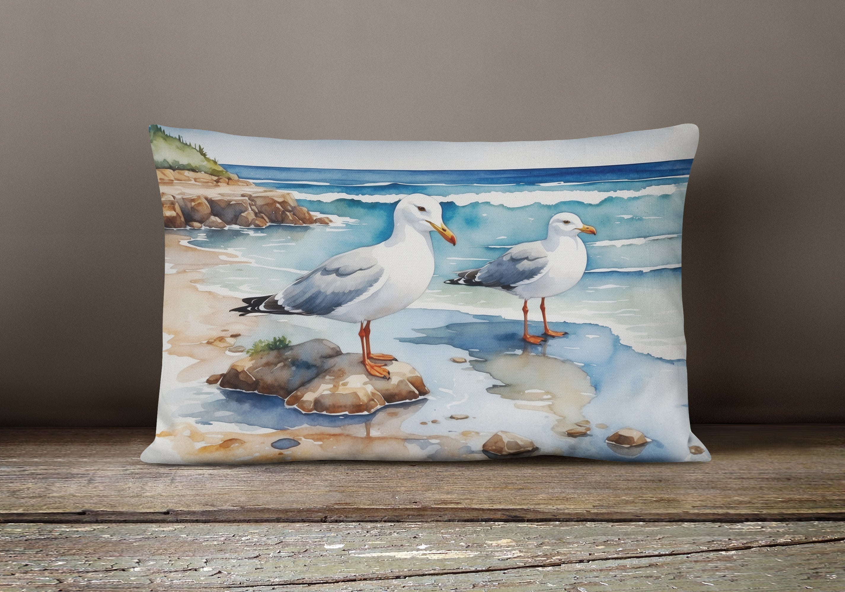 Seagulls on Beach Shore Watercolor Decorative Throw Pillow 12x16 Indoor Outdoor Accent Cushion, Fabric Cover with Insert for Sofa, Bed, Porch & Living Room