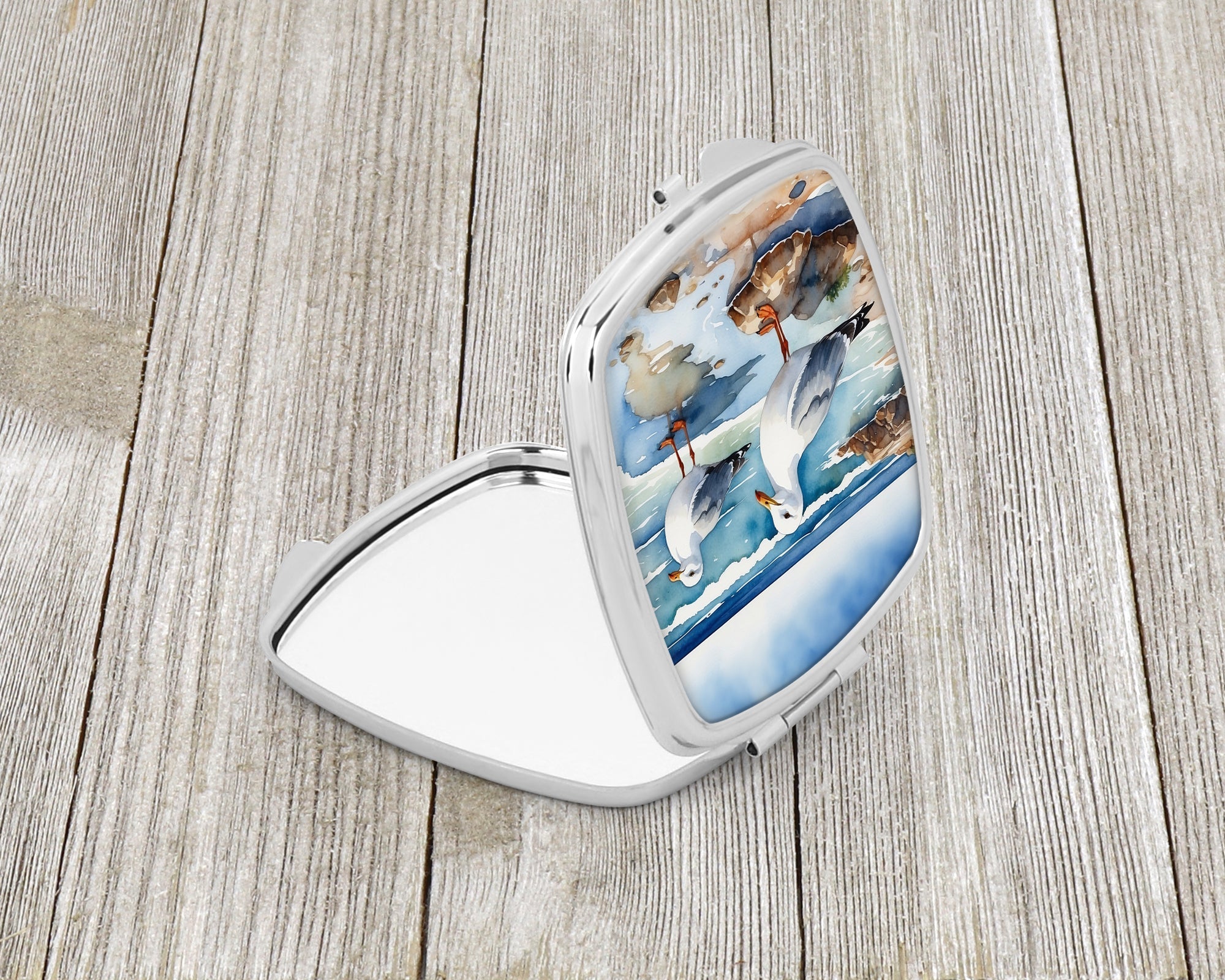 Seagulls on Beach Shore Watercolor Compact Mirror Decorative Travel Makeup Mirror for Women Girls Gifts Pocket Makeup Mirror Folding Handheld