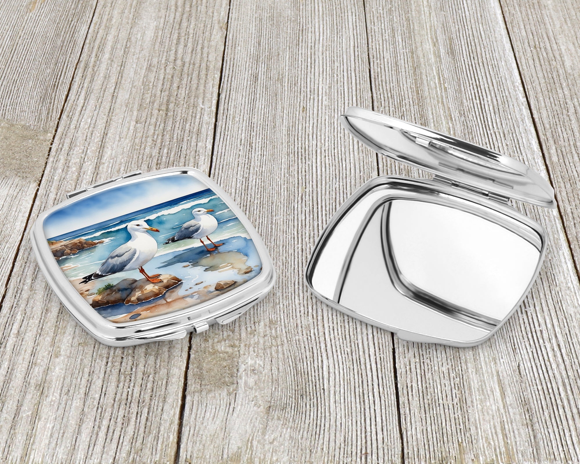 Seagulls on Beach Shore Watercolor Compact Mirror Decorative Travel Makeup Mirror for Women Girls Gifts Pocket Makeup Mirror Folding Handheld