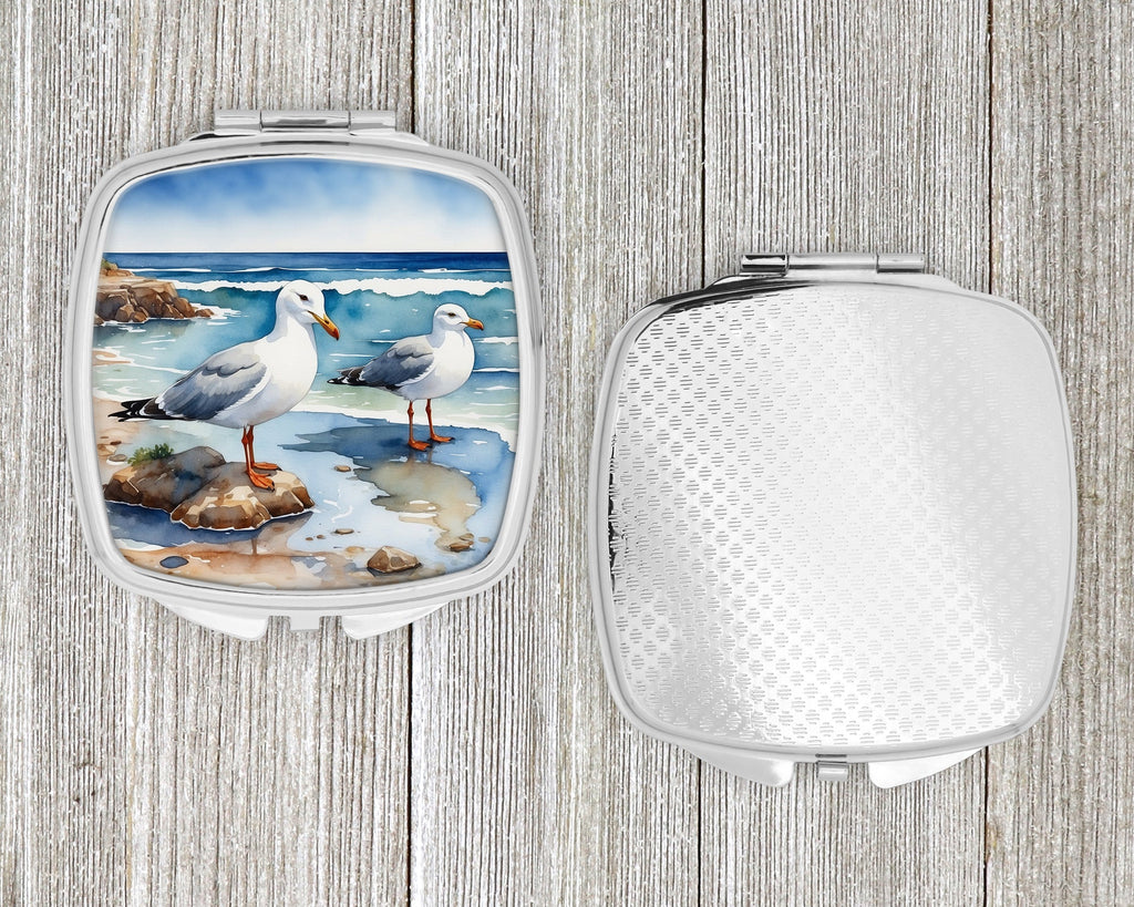 Seagulls on Beach Shore Watercolor Compact Mirror Decorative Travel Makeup Mirror for Women Girls Gifts Pocket Makeup Mirror Folding Handheld