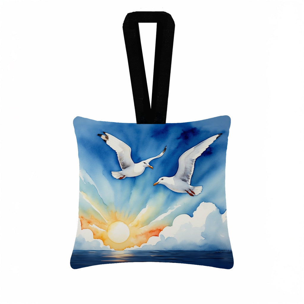 Seagulls Flying Over Ocean Sunrise Watercolor Hanging Square Fabric Ornament 3.5 × 3.5 Decorative Door-Knob & Tree Hanger, Soft Fabric