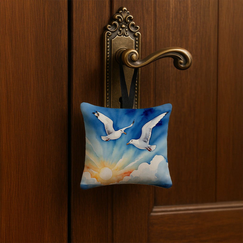 Seagulls Flying Over Ocean Sunrise Watercolor Hanging Square Fabric Ornament 3.5 × 3.5 Decorative Door-Knob & Tree Hanger, Soft Fabric