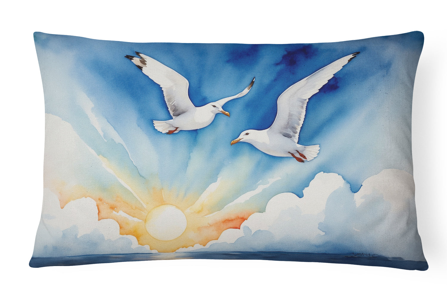 Seagulls Flying Over Ocean Sunrise Watercolor Decorative Throw Pillow 12x16 Indoor Outdoor Accent Cushion, Fabric Cover with Insert for Sofa, Bed, Porch & Living Room