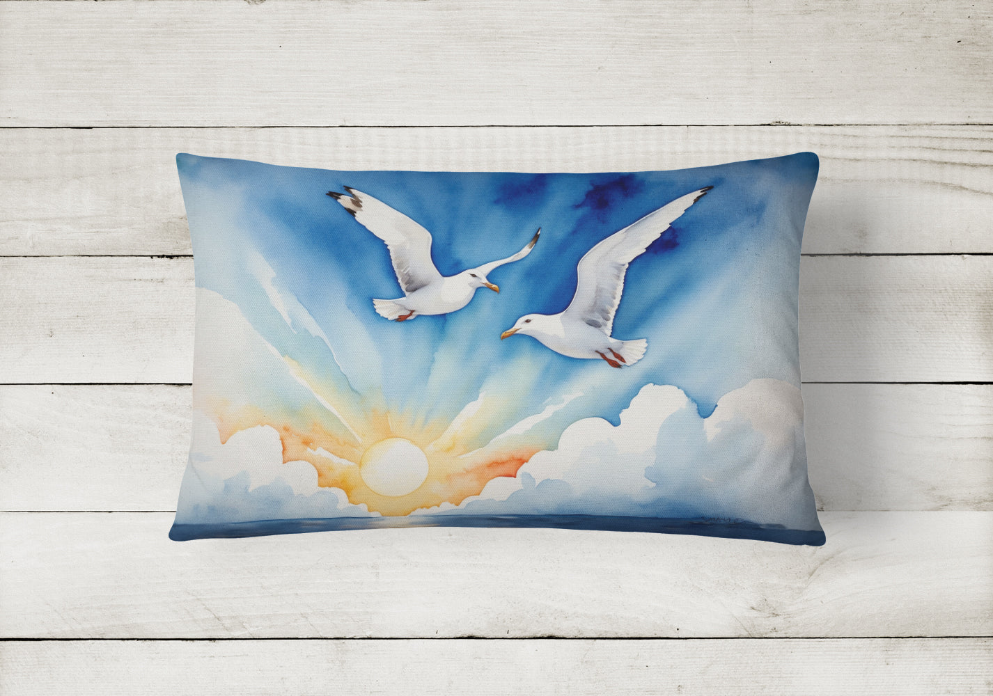 Seagulls Flying Over Ocean Sunrise Watercolor Decorative Throw Pillow 12x16 Indoor Outdoor Accent Cushion, Fabric Cover with Insert for Sofa, Bed, Porch & Living Room