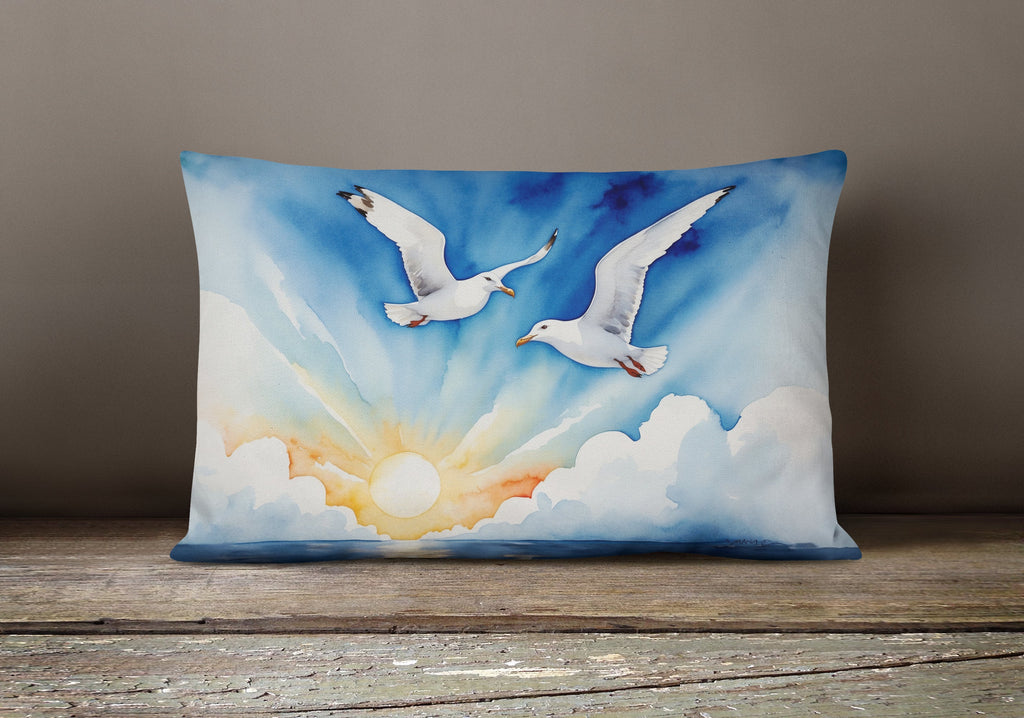Seagulls Flying Over Ocean Sunrise Watercolor Decorative Throw Pillow 12x16 Indoor Outdoor Accent Cushion, Fabric Cover with Insert for Sofa, Bed, Porch & Living Room