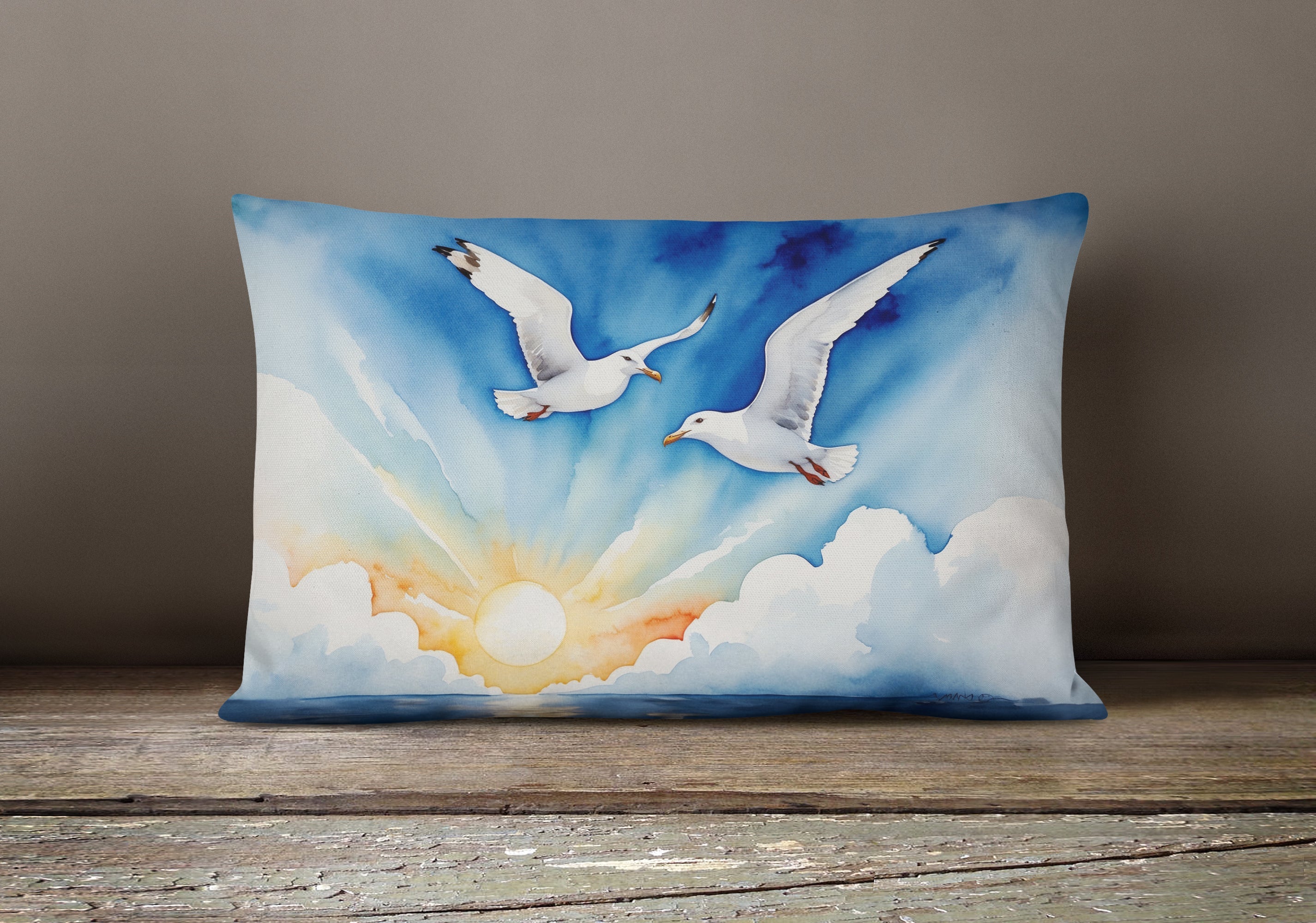 Seagulls Flying Over Ocean Sunrise Watercolor Decorative Throw Pillow 12x16 Indoor Outdoor Accent Cushion, Fabric Cover with Insert for Sofa, Bed, Porch & Living Room