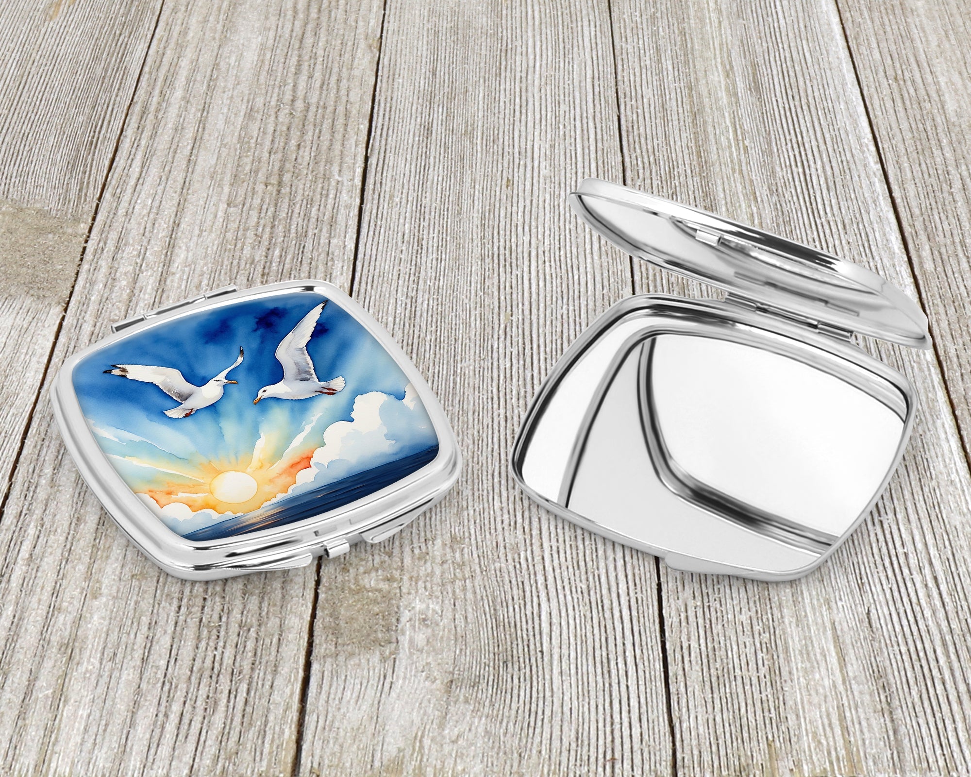 Seagulls Flying Over Ocean Sunrise Watercolor Compact Mirror Decorative Travel Makeup Mirror for Women Girls Gifts Pocket Makeup Mirror Folding Handheld