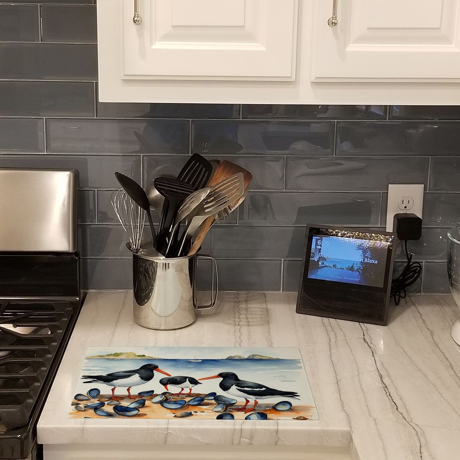 Oystercatchers on Beach Coastal Watercolor Cutting Board Tempered Glass Kitchen Cutting Surface, Heat Resistant Chopping, Non-Slip Feet, Food Prep & Serving
