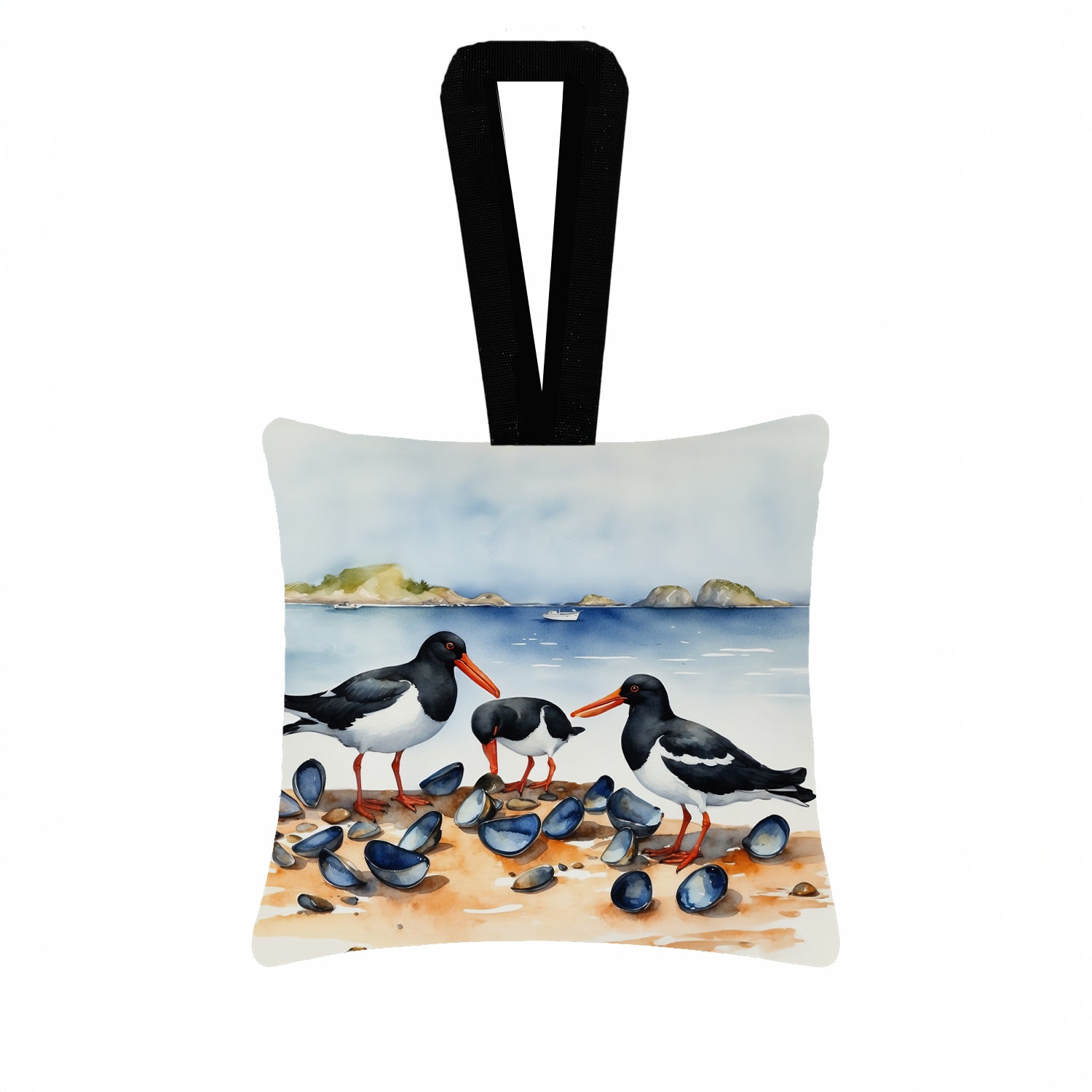 Oystercatchers on Beach Coastal Watercolor Hanging Square Fabric Ornament 3.5 × 3.5 Decorative Door-Knob & Tree Hanger, Soft Fabric