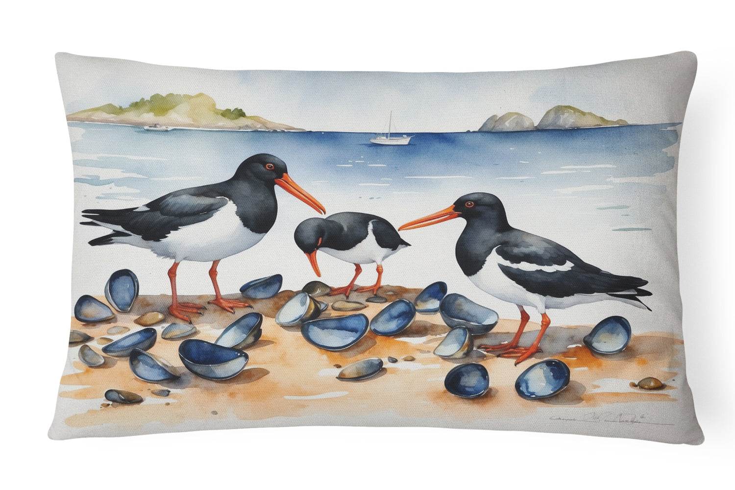 Oystercatchers on Beach Coastal Watercolor Decorative Throw Pillow 12x16 Indoor Outdoor Accent Cushion, Fabric Cover with Insert for Sofa, Bed, Porch & Living Room