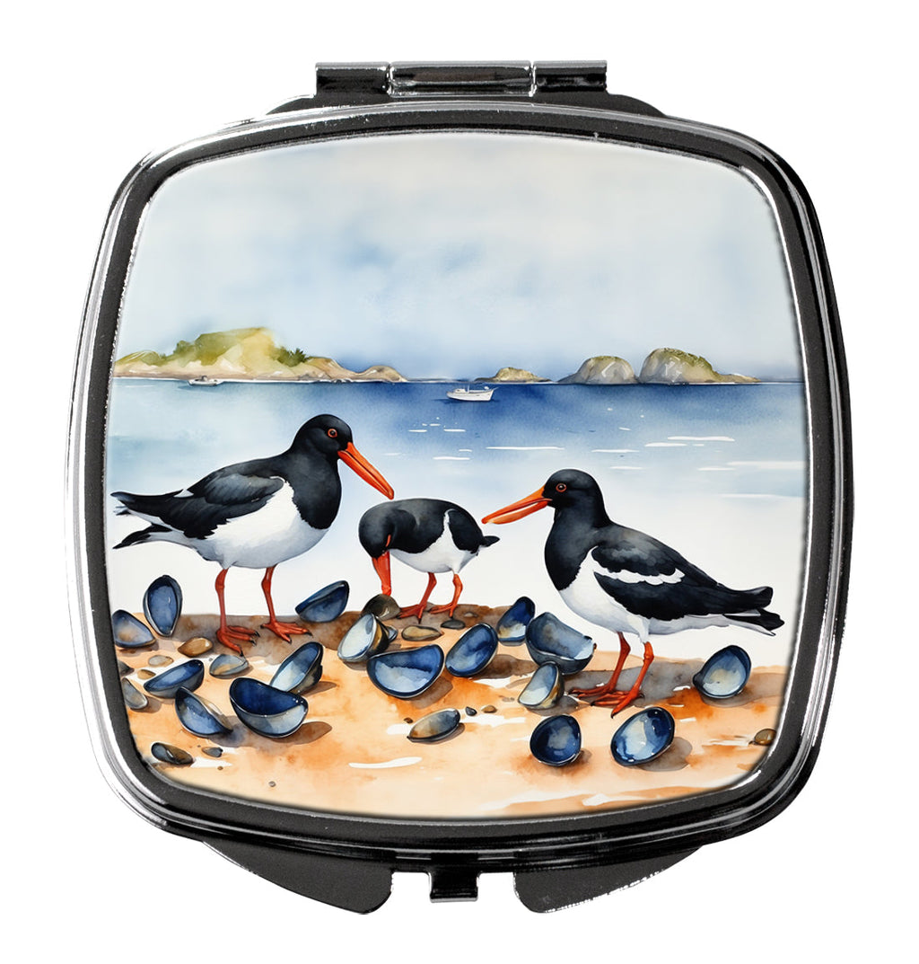 Oystercatchers on Beach Coastal Watercolor Compact Mirror Decorative Travel Makeup Mirror for Women Girls Gifts Pocket Makeup Mirror Folding Handheld