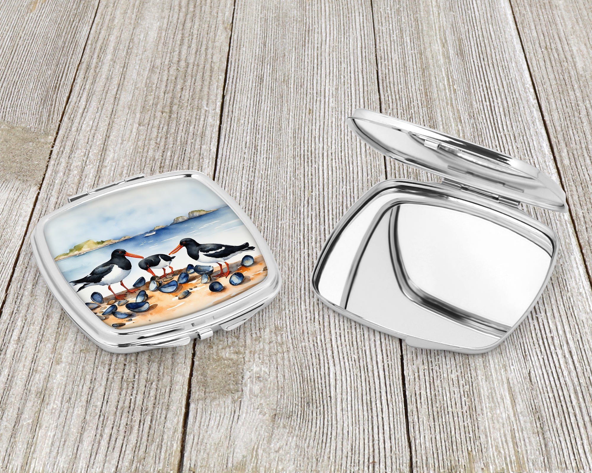Oystercatchers on Beach Coastal Watercolor Compact Mirror Decorative Travel Makeup Mirror for Women Girls Gifts Pocket Makeup Mirror Folding Handheld
