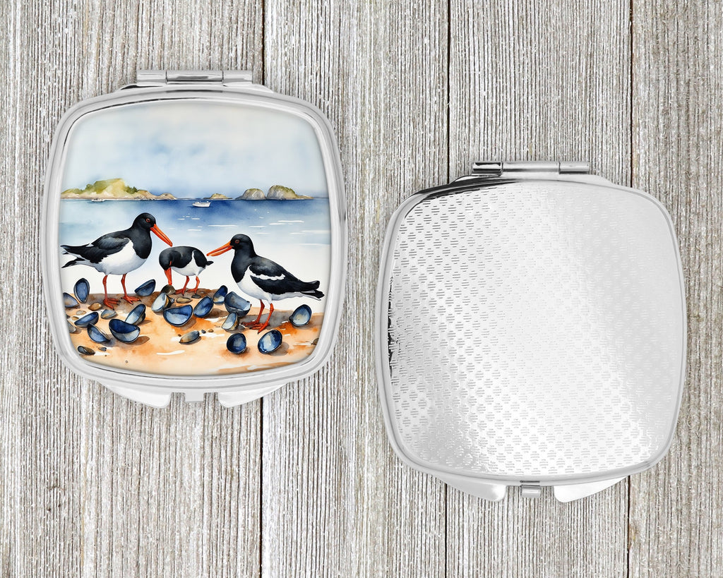 Oystercatchers on Beach Coastal Watercolor Compact Mirror Decorative Travel Makeup Mirror for Women Girls Gifts Pocket Makeup Mirror Folding Handheld