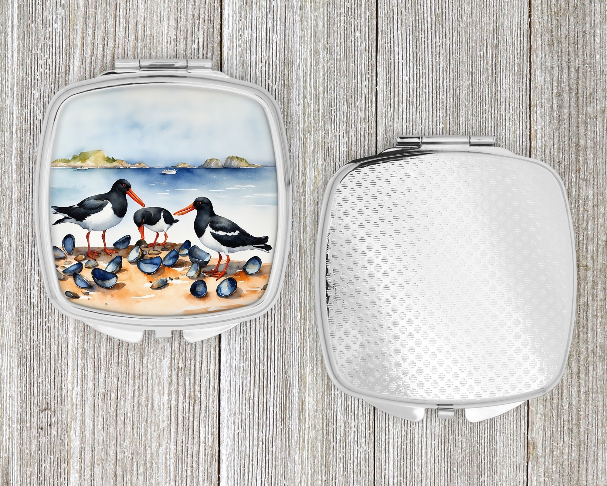 Oystercatchers on Beach Coastal Watercolor Compact Mirror Decorative Travel Makeup Mirror for Women Girls Gifts Pocket Makeup Mirror Folding Handheld