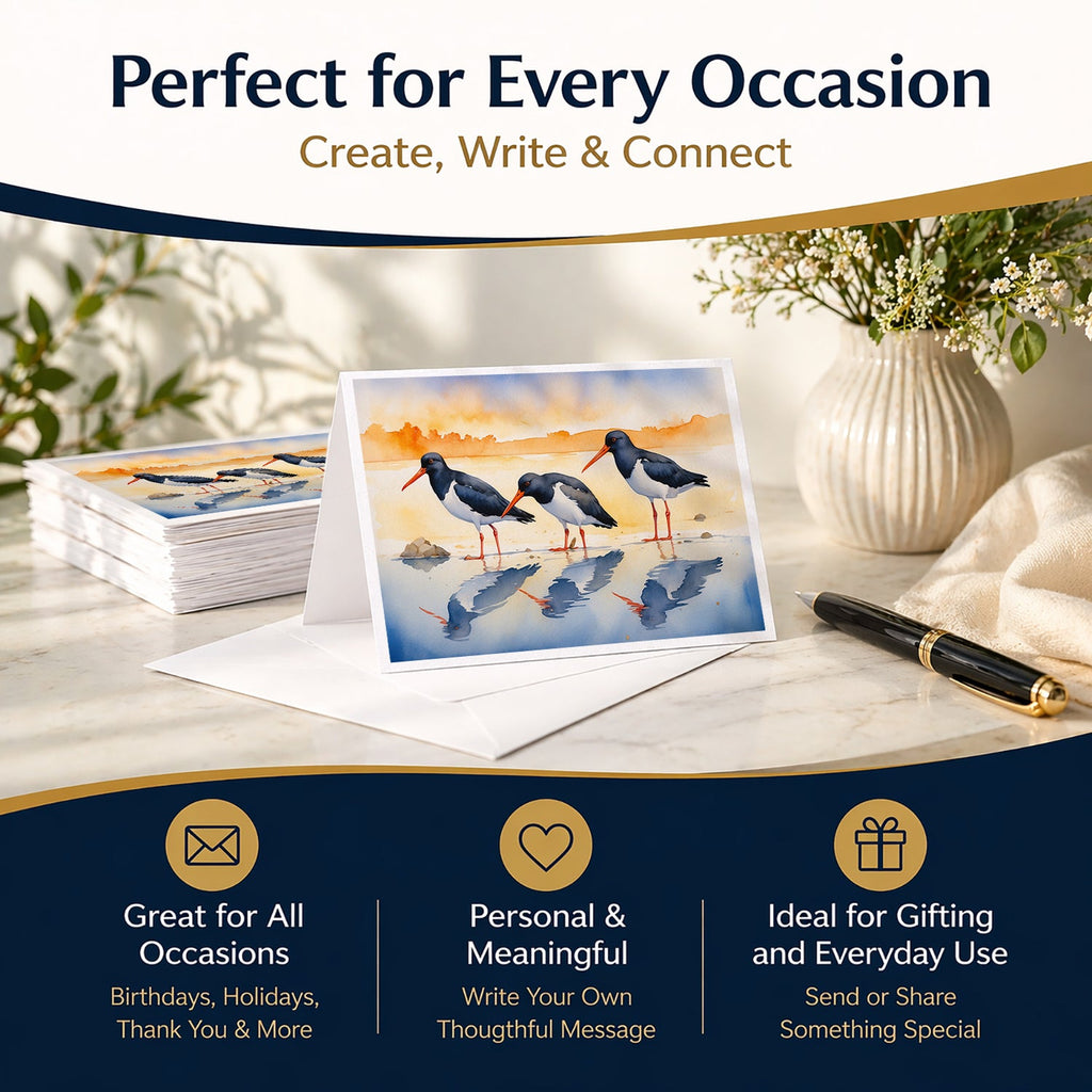 Oystercatchers on Beach Shore Watercolor Greeting Cards Pack of 8 Blank Cards with Envelopes Whimsical A7 Size 5x7