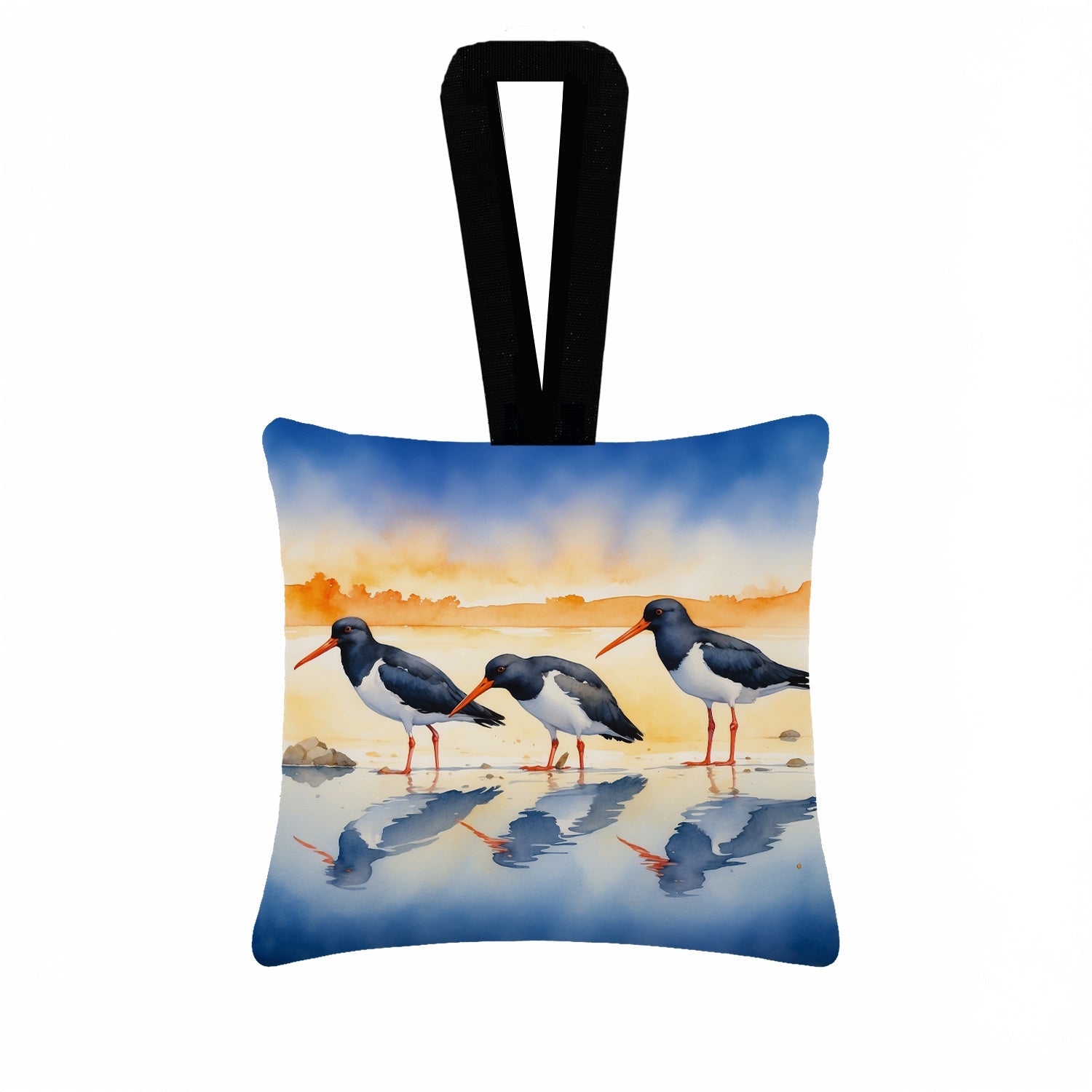 Oystercatchers on Beach Shore Watercolor Hanging Square Fabric Ornament 3.5 × 3.5 Decorative Door-Knob & Tree Hanger, Soft Fabric