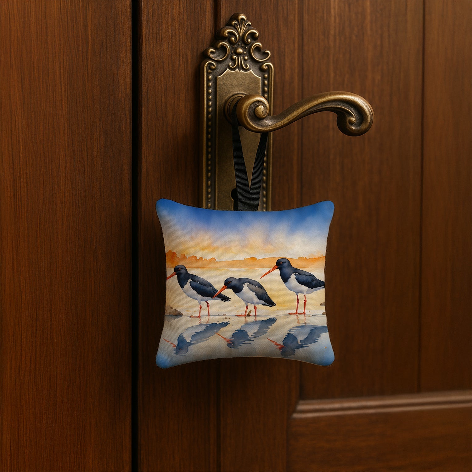 Oystercatchers on Beach Shore Watercolor Hanging Square Fabric Ornament 3.5 × 3.5 Decorative Door-Knob & Tree Hanger, Soft Fabric