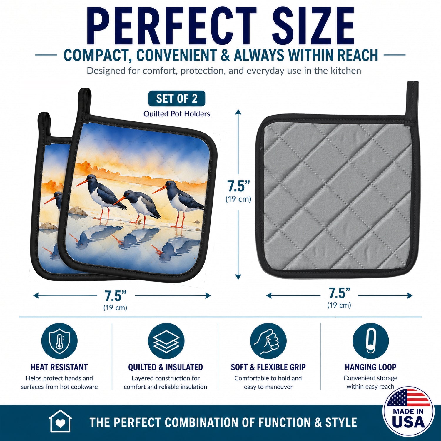 Oystercatchers on Beach Shore Watercolor Pot Holder Set of 2 Heat Resistant Quilted Hot Pads 7.5 x 7.5 Inch, Insulated Kitchen Trivets for Cooking & Baking
