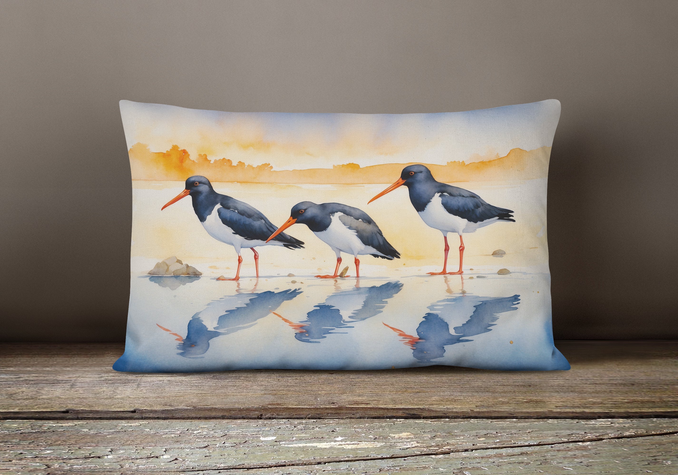 Oystercatchers on Beach Shore Watercolor Decorative Throw Pillow 12x16 Indoor Outdoor Accent Cushion, Fabric Cover with Insert for Sofa, Bed, Porch & Living Room