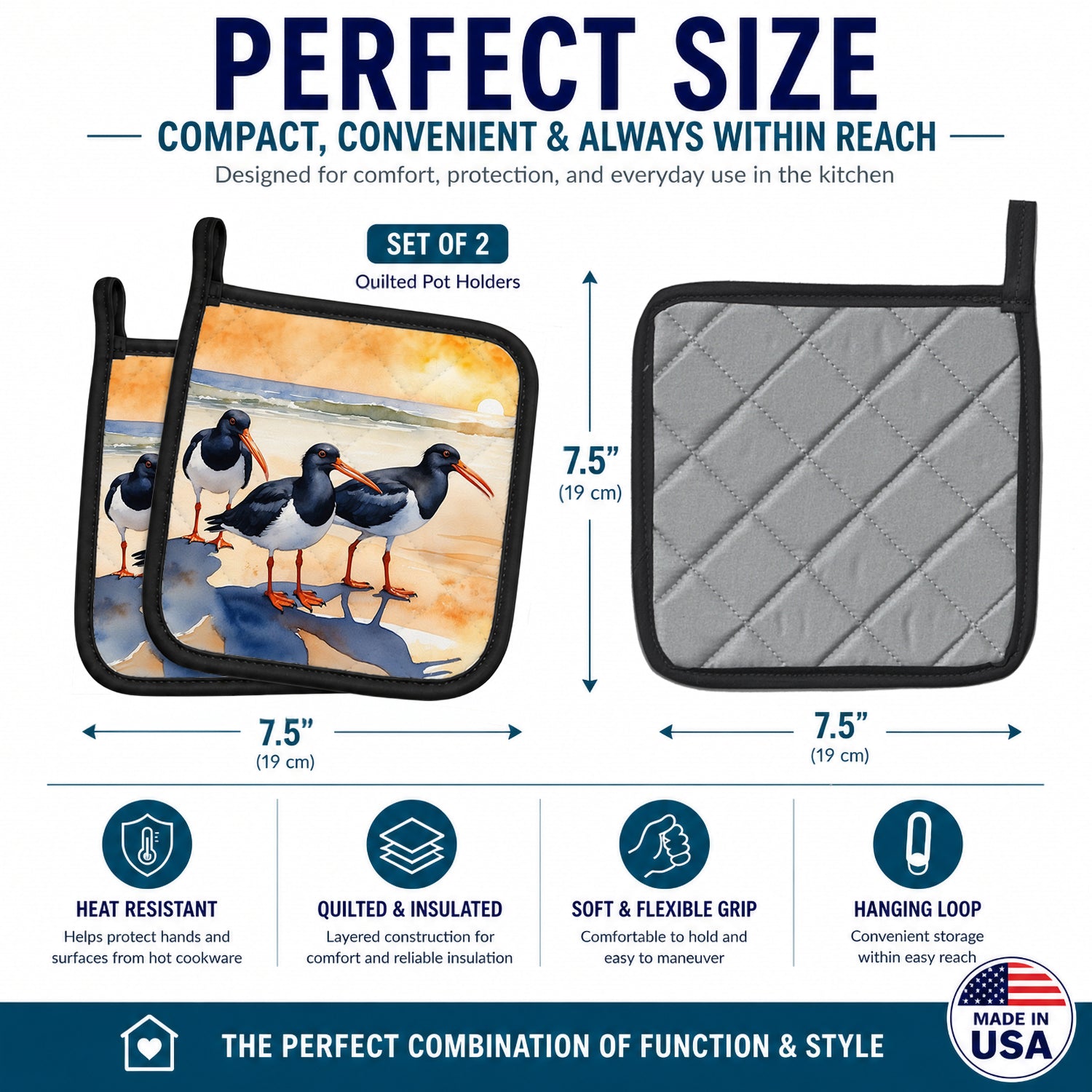 Oystercatchers Coastal Shoreline Watercolor Pot Holder Set of 2 Heat Resistant Quilted Hot Pads 7.5 x 7.5 Inch, Insulated Kitchen Trivets for Cooking & Baking
