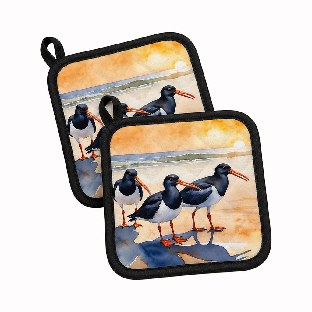 Oystercatchers Coastal Shoreline Watercolor Pot Holder Set of 2 Heat Resistant Quilted Hot Pads 7.5 x 7.5 Inch, Insulated Kitchen Trivets for Cooking & Baking