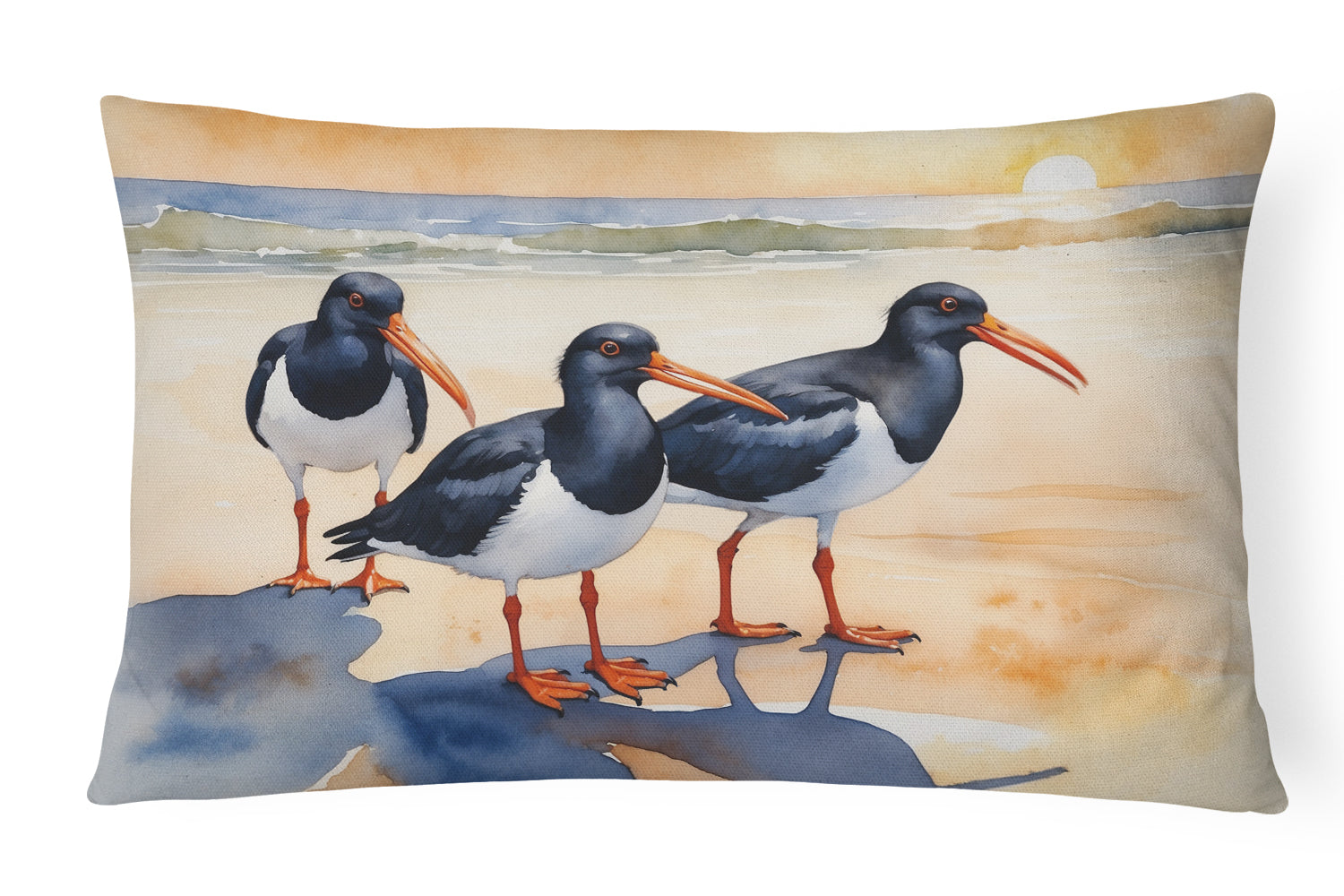 Oystercatchers Coastal Shoreline Watercolor Decorative Throw Pillow 12x16 Indoor Outdoor Accent Cushion, Fabric Cover with Insert for Sofa, Bed, Porch & Living Room