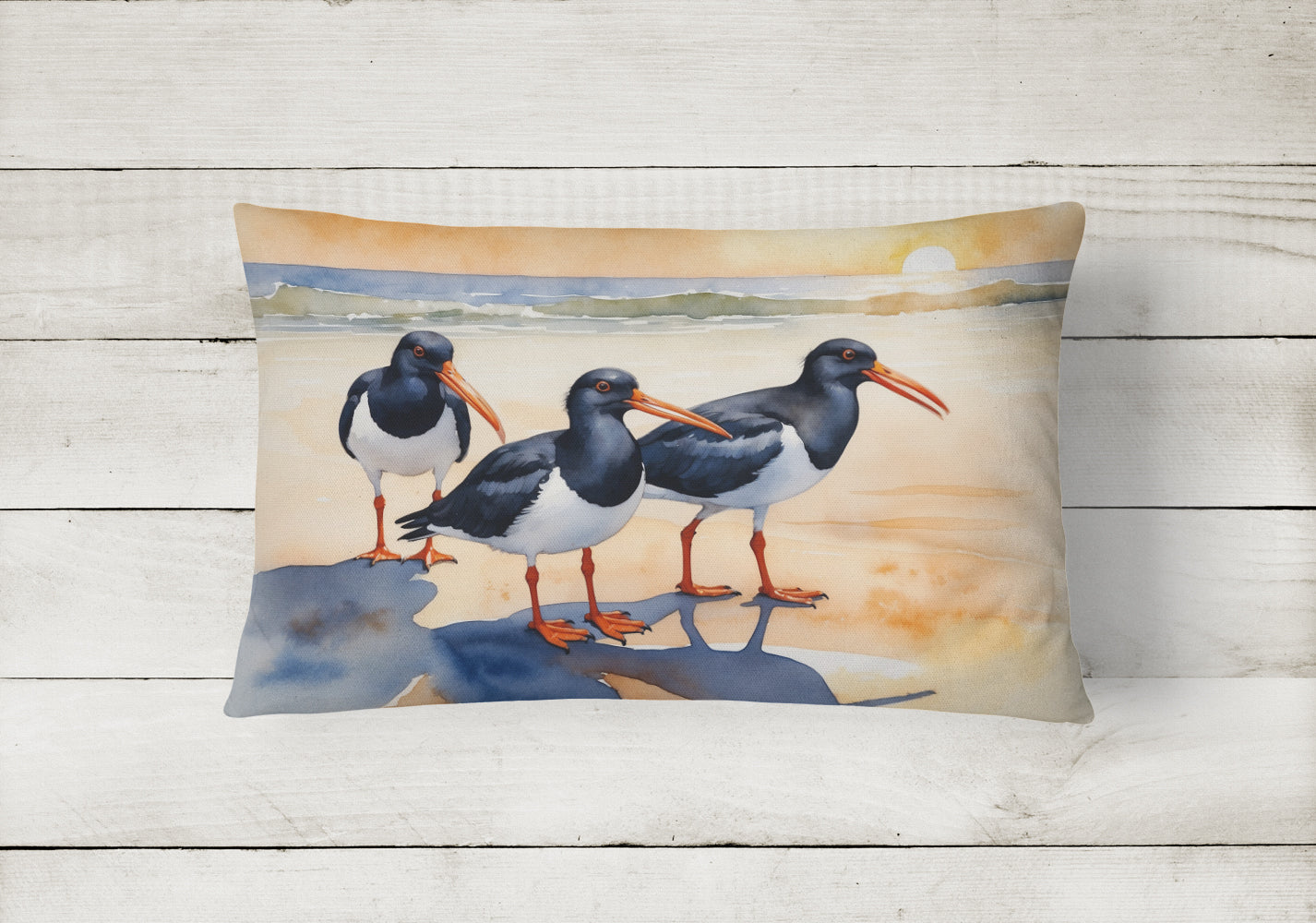 Oystercatchers Coastal Shoreline Watercolor Decorative Throw Pillow 12x16 Indoor Outdoor Accent Cushion, Fabric Cover with Insert for Sofa, Bed, Porch & Living Room
