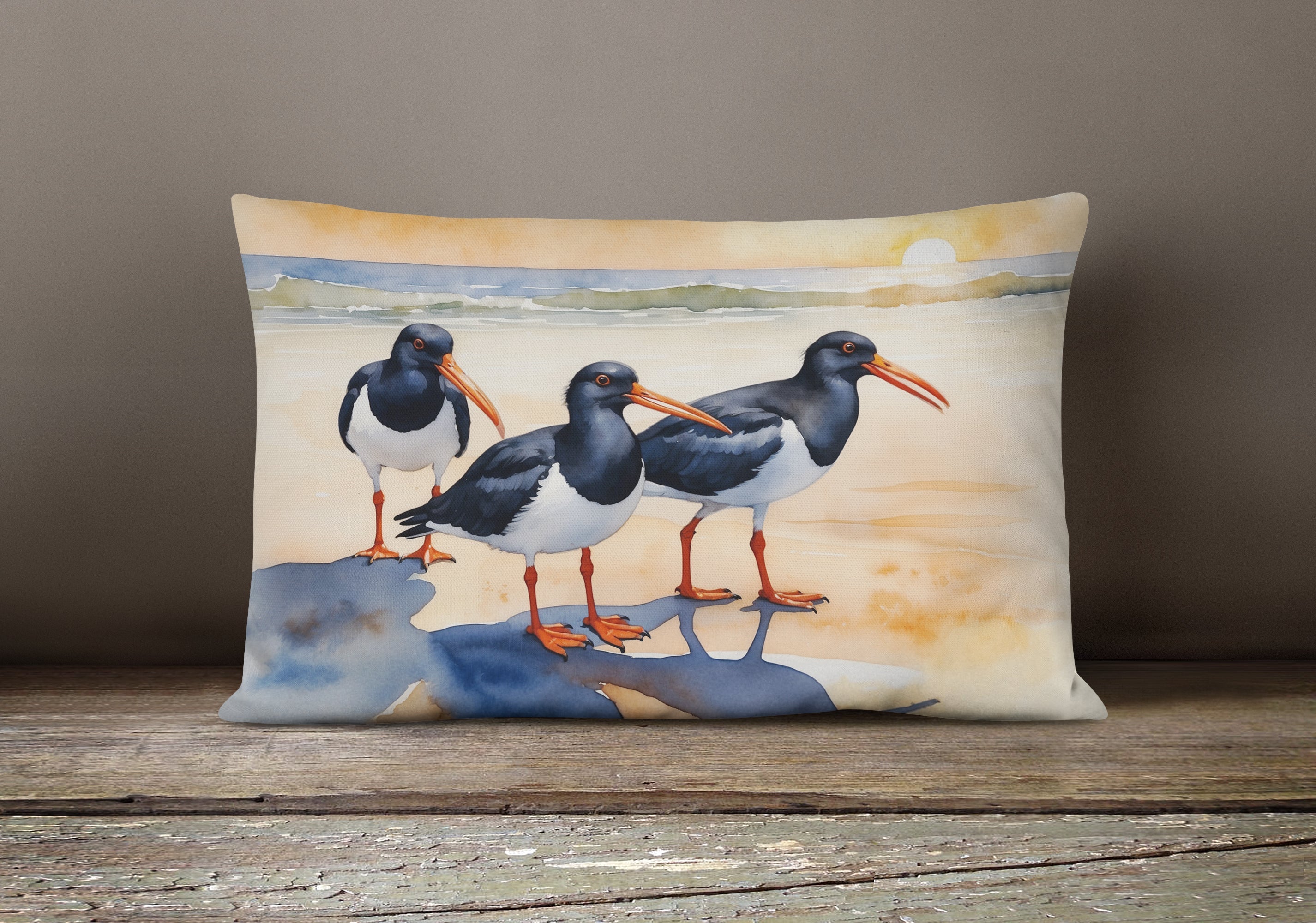 Oystercatchers Coastal Shoreline Watercolor Decorative Throw Pillow 12x16 Indoor Outdoor Accent Cushion, Fabric Cover with Insert for Sofa, Bed, Porch & Living Room