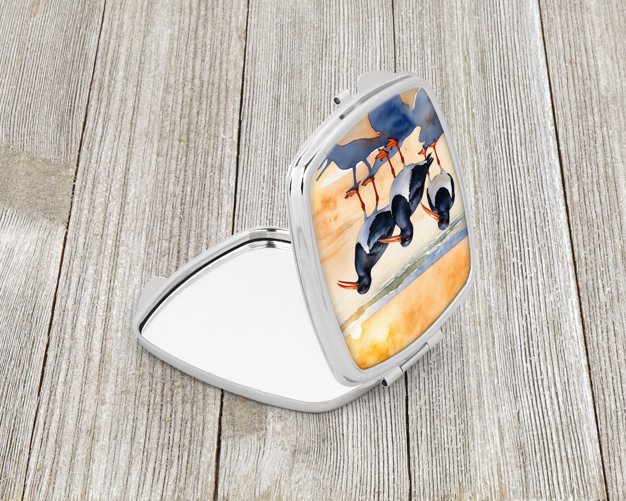 Oystercatchers Coastal Shoreline Watercolor Compact Mirror Decorative Travel Makeup Mirror for Women Girls Gifts Pocket Makeup Mirror Folding Handheld