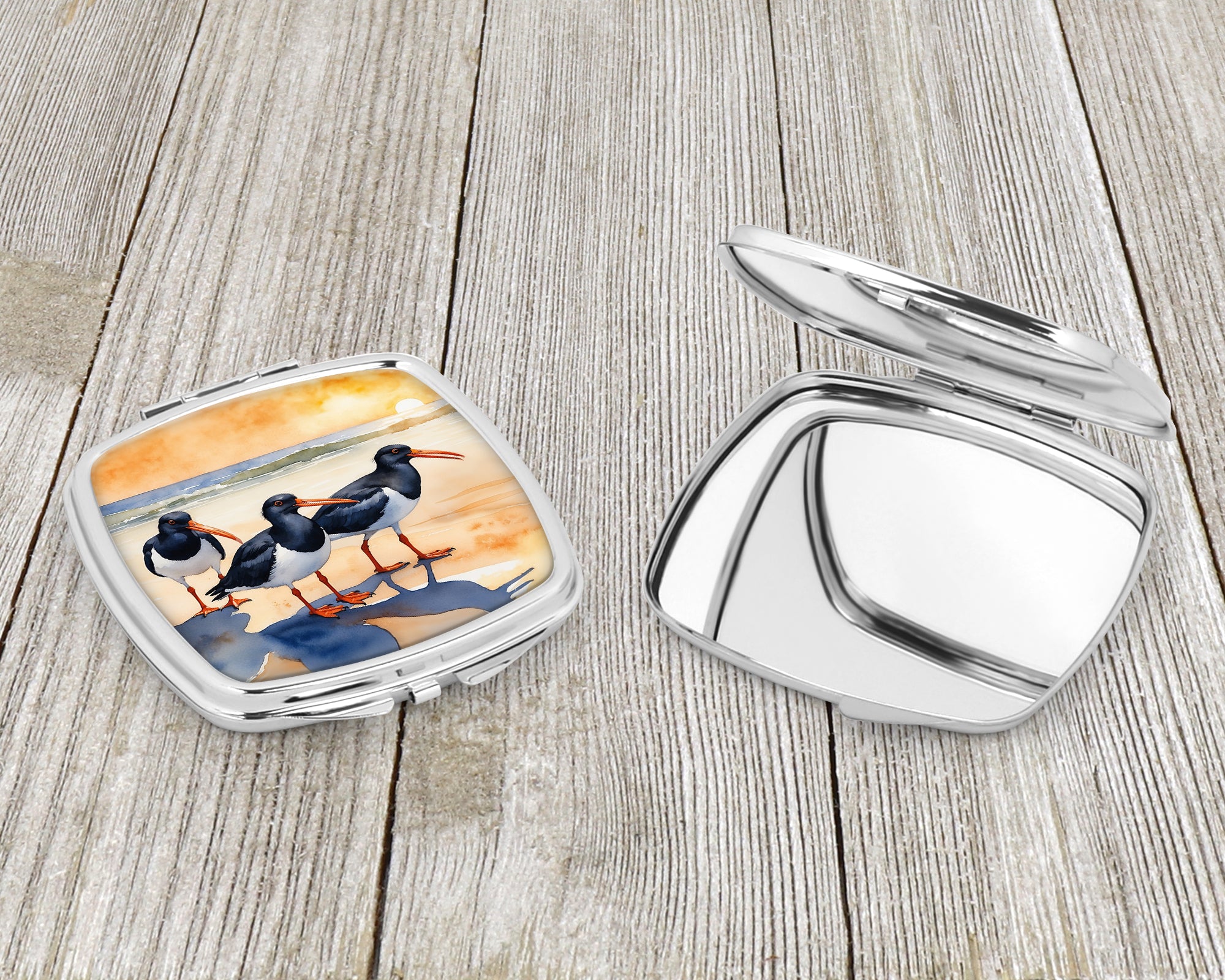 Oystercatchers Coastal Shoreline Watercolor Compact Mirror Decorative Travel Makeup Mirror for Women Girls Gifts Pocket Makeup Mirror Folding Handheld