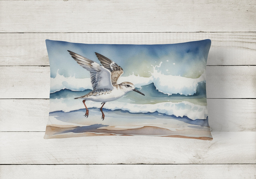 Sanderling Running Through Ocean Waves Watercolor Decorative Throw Pillow 12x16 Indoor Outdoor Accent Cushion, Fabric Cover with Insert for Sofa, Bed, Porch & Living Room