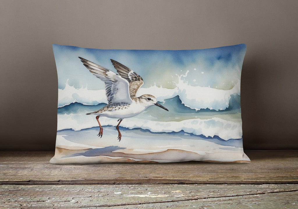 Sanderling Running Through Ocean Waves Watercolor Decorative Throw Pillow 12x16 Indoor Outdoor Accent Cushion, Fabric Cover with Insert for Sofa, Bed, Porch & Living Room